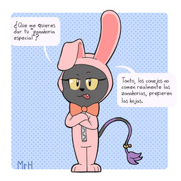 anthro black_body black_fur claws clothed clothing costume crossed_arms dialogue eyelashes fake_ears fake_rabbit_ears female fur gloves handwear humor jewelry looking_at_viewer open_mouth rabbit_fursuit ring simple_background solo tail text mr_harinezumi bandai_namco digimon nera_(el_senor_erizo) blackgatomon digimon_(species) felid feline mammal 1:1 absurd_res hi_res spanish_text translated