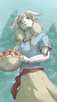 anthro apple bottomwear braided_hair clothing female food fruit hair holding_object long_hair long_sleeves plant skirt smile solo tree 9x9 bovid caprine goat mammal hi_res