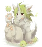 ambiguous_gender anthro apple fingerless_(marking) food fruit fur green_apple green_hair grey_body grey_fur hair hooved_fingertips kemono light_body light_fur musical_note musical_symbol open_mouth pawpads pink_pawpads plant playful simple_background sitting solo symbol tail white_background mofuaki mythology dragon furred_dragon furred_scalie mythological_creature mythological_scalie scalie 2012 digital_media_(artwork) full-length_portrait green_theme portrait restricted_palette