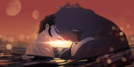 anthro biceps black_body black_fur black_hair body_hair bottomwear clothing detailed_background duo eyes_closed fur grey_body grey_fur hair happy human_on_anthro interspecies kissing lake larger_male lens_flare making_out male male/male male_anthro male_human male_on_anthro male_on_human moon multicolored_body multicolored_fur musclegut muscular muscular_male nude nuzzling outside pecs romantic romantic_ambiance romantic_couple royalty size_difference sky smaller_male smile sun sunset swimming two_tone_body two_tone_fur water bogexboog adastra adastra_(series) echo_project amicus_(adastra) marco_(adastra) canid canine canis human mammal wolf 2020 absurd_res digital_media_(artwork) hi_res