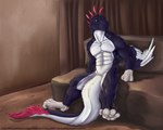 abs anthro detailed_background feathered_arms feathers furniture looking_at_viewer male muscular muscular_male nude sitting smile sofa solo tail tail_feathers tail_tuft tuft eargoshaof darastrix_(ihavexboxlive) dinosaur dromaeosaurid prehistoric_species reptile scalie theropod hi_res