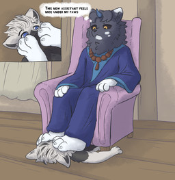 3_toes black_body black_eyes black_fur blue_clothing blue_eyes blue_robe chair claws clothing dialogue dialogue_box duo feet foot_fetish foot_on_face footrest fur furniture hindpaw horn jewelry male male/male necklace paws robe soles speech_bubble submissive text thinking toe_claws toes underfoot underpaw white_body white_fur wood kiwifizz fabulous_beasts diting_(fabulous_beasts) mats_(glasnir) canid canine canis mammal wolf english_text hi_res