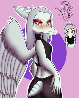 annoyed anthro black_bottomwear black_clothing black_crop_top black_pants black_shirt black_topwear blue_body bone_frill bottomwear breasts clothing collar crop_top feathered_wings feathers female fingers frill_(anatomy) front_view frown furgonomic_bottomwear furgonomics gesture grey_body grey_feathers grey_hair hair half-closed_eyes hand_gesture head_turned humanoid_hands long_hair looking_at_viewer looking_back markings medium_breasts middle_finger narrowed_eyes non-mammal_breasts open_mouth open_smile orange_eyes outline pants rear_view shirt short_tail side_view simple_background smile smug solo spiked_collar spikes striped_markings stripes tail topwear white_outline wide_eyed wings lugerhk cavemanon_studios goodbye_volcano_high ko_op_(game_developer) snoot_game fang_(gvh) prehistoric_species pterosaur reptile scalie 4:5 colored hi_res multiple_images shaded sketch