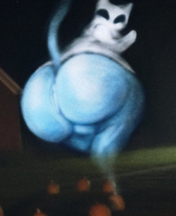 anthro anus backsack balls big_butt blue_body butt floating genitals ghost_costume huge_butt looking_at_viewer looking_back looking_back_at_viewer male raised_tail solo tail guhg_kemonowo domestic_cat felid feline felis ghost mammal spirit