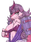 5_fingers anthro areola armor blep bra bra_pull breasts chest_tuft claws cleavage clothed clothing clothing_pull countershading female finger_claws fingers fur hair humanoid_hands long_hair looking_at_viewer navel neck_tuft nipples pink_body pink_fur pink_hair shoulder_pads smile solo tongue tongue_out tuft underwear underwear_pull tarian yu-gi-oh! donner_dagger_fur_hire fur_hire canid canine canis domestic_dog duel_monster mammal 2022 half-length_portrait hi_res portrait