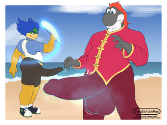 anthro balls beach big_penis bulge clothed clothing detailed_bulge duo erection erection_under_clothing expansion genital_expansion genital_outline genitals growth hair huge_penis humanoid_genitalia humanoid_penis mafic male outside penis penis_expansion penis_outline sand sea seaside shirt sky slightly_chubby smile tail text thick_thighs topwear transformation water timidwithapen mario_bros nintendo fan_character koopaling ludwig_von_koopa koopa scalie yoshi 4:3 digital_media_(artwork) hi_res url
