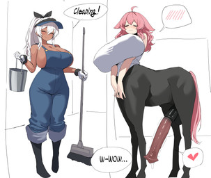 ahoge animal_genitalia animal_penis balls big_breasts big_penis black_boots black_clothing black_footwear blush blush_lines boots breasts bucket cleaning_tool cleavage clothed clothing container dark_body dark_skin dialogue duo ears_down equine_genitalia equine_penis erection eyes_closed female female_human footwear genitals gloves gynomorph gynomorph_taur hair hair_between_eyes handwear heart_symbol holding_bucket holding_cleaning_tool holding_container holding_mop holding_object hooves huge_breasts huge_penis intersex intersex_taur long_hair long_penis mop nipple_outline overalls overalls_only penis pink_hair pink_tail pivoted_ears ponytail shirt shoes smile speech_bubble standing tail text throbbing throbbing_penis topwear white_clothing white_gloves white_hair white_handwear white_shirt white_topwear xipa_(artist) european_mythology greek_mythology mythology centaur equid equid_taur human humanoid humanoid_taur mammal mammal_taur taur absurd_res digital_drawing_(artwork) digital_media_(artwork) english_text hi_res