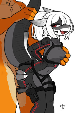 anthro arched_back athletic belt bent_over big_tail biped bite_mark bodysuit breast_grab breasts clothed clothed_anthro clothed_female clothing cocky cocky_smile colored_nails duo ear_fins female female_anthro fin fingerless_gloves from_behind_position gloves gun hair hand_on_breast handgun hands_behind_back handwear harness jumpsuit logo long_hair looking_at_viewer male male/female medium_breasts nails non-mammal_breasts penetration pistol ponytail pose ranged_weapon rolled_up_sleeves scar sex sharp_teeth simple_background size_difference skinsuit skintight_suit smug smug_face smug_grin sneaking_suit snickering spy standing standing_sex straps straps_across_chest tactical_gear tail tail_grab teeth thick_tail thigh_strap three-quarter_view tight_clothing toony torn_clothing utility_belt vaginal vaginal_penetration weapon white_hair catlad vespyr_(catlad) barracuda fish istiophoriform marine shark artist_logo digital_drawing_(artwork) digital_media_(artwork) portrait shaded simple_shading three-quarter_portrait