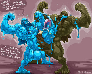 barazoku beard big_penis blue_body bodily_fluids braided_beard duo facial_hair flexing frottage genitals green_body growth huge_penis hyper hyper_genitalia hyper_penis male muscle_growth muscular muscular_male nipples penile penis penises_touching sex sweat rickleone humanoid orc 5:4