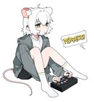 ambiguous_gender animal_ears animal_tail arms_under_legs bangs black_bottomwear black_clothing black_ear_piercing black_shorts bottomwear clothing ear_piercing exclamation_point footwear gaming green_eyes grey_clothing grey_hoodie grey_topwear hair hairless_tail hoodie human_and_animal_ears human_ears inner_ear_fluff joystick multi_ear offscreen_character pale_skin piercing pink_tail playing_video_game rat_ears rat_tail shirt shorts simple_background sitting sitting_on_ground socks solo speech_bubble tail text thin_tail topwear tuft white_background white_clothing white_ears white_footwear white_hair white_inner_ear_fluff white_shirt white_socks white_topwear yellow_text young vertigris perl_(vertgris) animal_humanoid humanoid mammal mammal_humanoid murid murid_humanoid murine murine_humanoid rat_humanoid rodent rodent_humanoid english_text full-length_portrait hi_res portrait