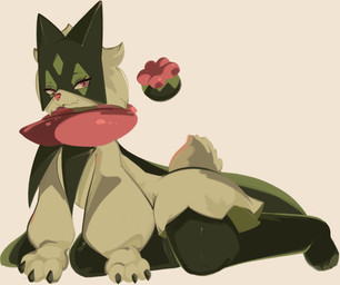 ambiguous_anthro ambiguous_gender anthro biped green_body looking_at_viewer pink_nose pokemorph short_tail simple_background solo tail conditional_dnp tohupo nintendo pokemon generation_9_pokemon meowscarada pokemon_(species) 2025 digital_drawing_(artwork) digital_media_(artwork) hi_res