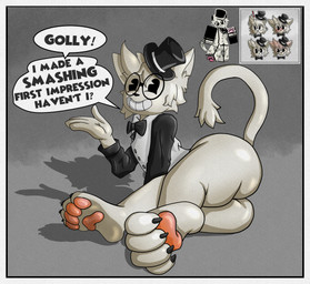 accessory anthro big_butt bow_(feature) bow_tie bubble_butt butt cartoon_eyes claws clothed clothing dialogue eyewear feet femboy fleischer_style_toon foot_focus fur genitals glasses hat headgear headwear huge_butt huge_hips huge_thighs looking_at_viewer male male/male nude pawpads paws penile penis pie_cut_eyes pose presenting presenting_hindquarters round_glasses rubberhose simple_background smile smiling_at_viewer soles solo speech_bubble tail teeth text thick_thighs toes toony top_hat white_background white_body white_fur wide_hips redpurr roblox domestic_cat felid feline felis mammal absurd_res black_and_white digital_drawing_(artwork) digital_media_(artwork) english_text hi_res monochrome tagme