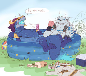 anthro ball beach_ball biped bodily_fluids cooler duo_focus fan_(object) fanning fanning_self food fur grass group hair heat_(temperature) holding_food holding_object holding_popsicle inflatable overheated plant popsicle purple_hair sweat swimming_pool tail text umbrella water white_body white_fur blackontrack league_of_legends mythology riot_games tencent aurelion_sol_(lol) galio_(lol) rengar_(lol) volibear warwick_(lol) canid canine celestial_dragon felid gargoyle lion mammal mythological_canine mythological_creature pantherine vastaya werecanid werecanine werecreature werewolf colored hi_res korean_text