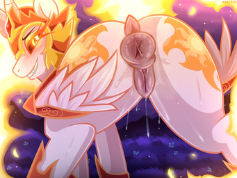 1_horn animal_genitalia animal_vulva anus armor black_eyebrows black_sclera blush bodily_fluids butt cutie_mark dripping equine_genitalia equine_vulva eyebrows eyelashes female female_feral feral fire flaming_hair flaming_mane flaming_tail fur genital_fluids genitals glistening glistening_eyes glowing glowing_eyes headgear helmet horn looking_at_viewer looking_back looking_back_at_viewer night orange_eyes outside presenting presenting_anus presenting_vulva pseudo_hair pseudo_mane puffy_anus quadruped rear_view smile smiling_at_viewer solo sweat tail teeth text unicorn_horn vaginal_fluid_drip vaginal_fluids vulva white_body white_fur white_wings wings nami955 friendship_is_magic hasbro my_little_pony mythology daybreaker_(mlp) equid equine mammal mythological_creature mythological_equine winged_unicorn 2026 4:3 artist_name digital_media_(artwork) hi_res