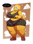 alphys anthro big_breasts bottomwear breasts chopsticks cleavage clothed clothing english_text eyewear female gin-blade glasses hi_res lizard miniskirt reptile scalie skirt solo text thick_thighs undertale undertale_(series) wearing_glasses