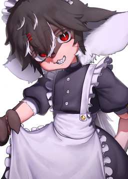 accessory ambiguous_gender anthro apron bangs big_ears biped black_clothing black_dress black_eyes black_hair brown_body brown_fur clenched_teeth clothing countershade_arms countershade_face countershading dress eyebrow_through_hair eyebrows frilly frilly_accessory frilly_apron frilly_clothing frilly_dress frilly_hairband fur hair hair_accessory hair_between_eyes hairband hairclip looking_at_viewer maid_uniform messy_hair multicolored_eyes multicolored_hair open_mouth open_smile pupils red_eyes sharp_teeth simple_background slit_pupils smile solo tan_body tan_fur teeth three-quarter_view translucent translucent_hair uniform whiskers white_apron white_background white_clothing white_hair white_pupils eitirou12345 mammal half-length_portrait hi_res portrait male_(lore)