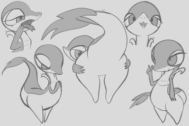 ambiguous_gender anthro big_butt butt fangs featureless_crotch gesture hand_gesture hand_on_butt hands_together legs_together looking_at_viewer monobutt open_mouth owo presenting presenting_hindquarters raised_tail solo spread_butt spreading tail teeth thick_thighs tongue tongue_out v_sign wide_hips varlastreak nintendo pokemon generation_5_pokemon pokemon_(species) snivy hi_res sketch_page