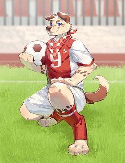 anthro ball biped blue_eyes bottomwear brown_body brown_fur brown_nose cheek_tuft clothed clothing crouching facial_tuft floppy_ears fur glistening glistening_eyes grass hand_on_leg head_tuft kerchief looking_at_viewer male mouth_closed narrowed_eyes neckerchief neckwear outside plant red_clothing red_kerchief red_neckerchief red_shirt red_t-shirt red_topwear shirt shorts soccer_ball solo t-shirt tan_body tan_fur topwear tuft unsigned white_bottomwear white_clothing white_shirt white_shorts white_t-shirt white_topwear asnnonaka lukas_(asnnonaka) canid canine canis domestic_dog mammal digital_media_(artwork) full-length_portrait hi_res portrait shaded