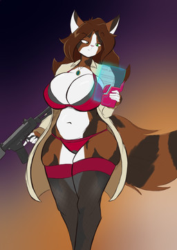 anthro big_breasts bra breasts clothing coat female fn_fnc gun holding_gun holding_object holding_ranged_weapon holding_weapon jewelry legwear lingerie necklace panties ranged_weapon rifle slightly_chubby solo squish tablet_computer tail text thick_thighs thigh_highs thigh_squish topwear translucent translucent_clothing trenchcoat trigger_discipline underwear weapon wide_hips jayshark fabrique_nationale_herstal anya_(speedonerd) domestic_cat felid feline felis mammal english_text hi_res
