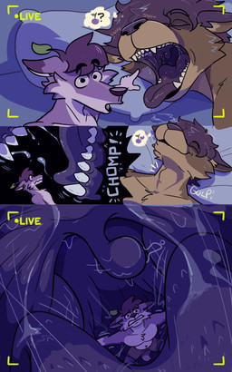 anthro anthro_pred anthro_prey bed bodily_fluids brown_hair camera duo eyes_closed furniture hair heart_symbol looking_at_viewer male male/male neck_bulge on_bed open_mouth oral_vore pillow saliva sleeping swallowing tan_body uvula vore fruitfop marcfox canid canine canis mammal wolf 5:8 absurd_res comic hi_res
