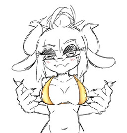 anthro bikini bikini_top blush blush_lines claws clothing female hair hair_bun horizontal_pupils horn markings mole_(marking) navel pupils solo swimwear two-piece_swimsuit viofsa helltaker goat_lucifer_(helltaker) bovid caprine caprine_demon demon goat mammal 2023 digital_media_(artwork) sketch