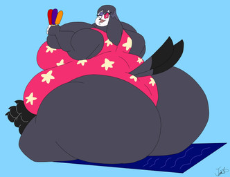 anthro big_butt butt clothing female food fur grey_body grey_fur grey_hair hair holding_food holding_object holding_popsicle long_hair looking_at_viewer looking_back one-piece_swimsuit overweight overweight_anthro overweight_female pink_eyes popsicle sitting smile solo swimwear white_face helluvajoey hellaverse helluva_boss octavia_(helluva_boss) avian avian_demon bird demon owl owl_demon hi_res