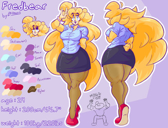 5_toes accessory anthro bear_ears bear_tail blonde_hair blue_bottomwear blue_clothing blue_eyes blue_shirt blue_skirt blue_topwear bottomwear bracelet breasts butt chart clothing feet female footwear front_view gesture hair hand_gesture hand_sign happy height_chart information_board jewelry legwear lipstick long_hair machine makeup nylons pantyhose purple_lipstick purple_makeup rear_view red_clothing red_footwear red_shoes shirt shoes short_sleeves simple_background skirt smile solo tail text toes topwear yellow_body lesangd_tw five_nights_at_freddy's five_nights_in_anime scottgames fan_character fredbear_(fnaf) fredbear_(lesangd_tw) animatronic bear humanoid mammal robot robot_anthro robot_humanoid colored english_text hi_res model_sheet multiple_scenes reference_image