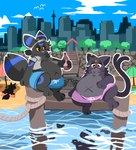 anthro beach beach_umbrella belly beverage big_belly blue_sky boombox building chest_tuft city city_background cityscape clothed clothing cloud duo ear_piercing electronics eyewear eyewear_on_head fur glasses holding_beverage holding_object looking_down male multicolored_body multicolored_fur obese open_clothing open_mouth open_shirt open_topwear overweight parasol pear-shaped_figure pier piercing plant radio ripples sea seaside shirt silhouetted_body sitting sky skyscape skyscraper smile soda soda_bottle sunglasses sunglasses_on_head swimming_trunks swimwear tail tail_tuft topwear towel tree tuft tufted_fur water wide_hips yellow_eyes yellow_sclera sutihukka nintendo pokemon eeveelution espeon generation_2_pokemon mammal pokemon_(species) umbreon 2025 absurd_res hi_res
