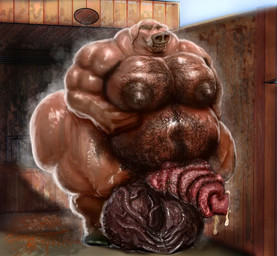 balls belly_hair big_balls big_penis bodily_fluids body_hair butt chest_hair coiling food genitals hairy hairy_balls hairy_body huge_balls huge_penis hyper hyper_balls hyper_genitalia hyper_penis male meat moobs musclegut muscular nipples overweight penis pubes saggy solo sweat sweatdrop tusks hohohonse domestic_pig mammal suid suine sus_(pig) hi_res