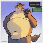 anthro belly big_belly cellphone clothing ear_piercing electronics headgear headwear male navel overweight overweight_anthro overweight_male phone piercing smartphone solo text mindof epic_games fortnite wendell_(fortnite) canid canine canis mammal wolf 1:1 english_text hi_res