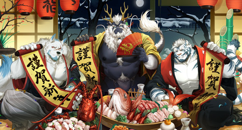 2_horns abs anthro asian_clothing bamboo beard beard_ponytail black_body black_bottomwear black_clothing black_fundoshi black_pants black_scales black_underwear blue_eyes blue_hair blue_tail_tip bottomwear cjk_character claws clothed clothing cutlet dipstick_tail east_asian_clothing facial_hair facial_scar finger_claws fish_meat food fruit full_moon fundoshi fur goatee grey_bottomwear grey_clothing grey_pants group hair holding_scroll horn inside japanese_clothing kagami_mochi lamp lantern lobster_(food) lobster_as_food looking_at_viewer male markings meat mochi moon muscular muscular_anthro muscular_male mustache night open_clothing open_topwear pants paper_lantern pecs plant plant_pot potted_plant red_eyes roe_(egg) sake_bottle sashimi scales scallop_(food) scar scroll seafood snout snout_scar snow striped_body striped_fur stripes tail tail_markings tangerine_(fruit) teal_stripes text topwear tree trio underwear white_body white_fur white_hair yefeng yellow_clothing yellow_topwear hanmankit chinese_zodiac mythology year_of_the_dragon canid canine canis dragon felid mammal mythological_creature mythological_scalie pantherine scalie tiger wolf 2024 absurd_res chinese_text hi_res