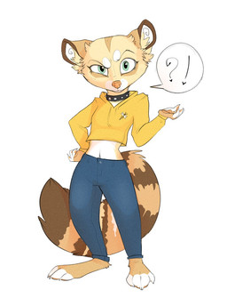 anthro barefoot bottomwear brown_body brown_fur clothed clothing feet female fully_clothed fur inner_ear_fluff interrobang looking_at_viewer midriff pants simple_background solo standing tuft white_background white_body white_fur yellow_body yellow_fur yshanii mammal procyonid raccoon 2022 digital_media_(artwork) hi_res