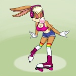 anthro big_breasts big_feet blonde_hair breasts bubble_gum cleavage clothed clothing eyes_closed feet female hair navel quad_skates roller_skates skating solo carelessdoodler looney_tunes warner_brothers lola_bunny lagomorph leporid mammal rabbit 1:1