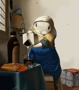 alcohol bag basket beverage beverage_can biped bottle clothed clothed_female clothed_feral clothing container cup detailed_background dress drinking_glass female female_feral feral front_view furniture glass glass_container glass_cup headdress height_assist holding_object inside milk milk_carton milk_container parody pouring semi-anthro solo standing standing_on_object table wimple window lilac_(p-f_easy) ikea johannes_vermeer blahaj lagomorph leporid mammal rabbit 2023 hi_res inspired_by_formal_art