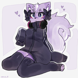anthro black_clothing black_legwear black_nose black_stockings black_topwear blue_eyes clothing electronics eyelashes female fur head_tuft headphones heart_symbol inner_ear_fluff legwear markings paws purple_body purple_fur sitting solo stockings tail topwear tuft white_markings uovo aggretsuko sanrio shikabane_(aggretsuko) mammal mephitid skunk 1:1 colored colored_sketch digital_drawing_(artwork) digital_media_(artwork) hi_res shaded sketch