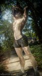 anthro athletic athletic_anthro athletic_male black_hair bodily_fluids brown_body brown_fur bulge clothed clothing detailed_bulge footprint footwear forest fur hair hands_behind_head male markings navel navel_piercing nipple_piercing nipples outside pawprint pawprint_(marking) piercing plant purple_eyes scar shoes shorts_only sneakers socks solo stretching sweat tail tan_body tan_fur tattoo topless topless_male tree maxkore nike jake_(maxkore) canid canine canis jackal mammal 2025 3d_(artwork) 9:16 digital_media_(artwork) signature