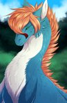 ambiguous_gender blue_body blue_fur day detailed_background feral fur green_eyes hair orange_hair outside sky solo white_body white_fur silvyr mythology dragon furred_dragon furred_scalie mythological_creature mythological_scalie scalie 2020 digital_media_(artwork) hi_res