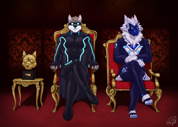anthro award cape chair claws clothed clothing crossed_arms crossed_legs duo eyewear fur furniture glowing glowing_clothing goggles inner_ear_fluff looking_at_viewer male mask on_chair red_carpet sitting sitting_on_chair superhero superhero_costume table trophy trophy_head tuft thedecisivepanda taskmaster_(tv_series) fan_character the_taskmaster's_assistant the_taskmaster_(taskmaster) canid canine canis mammal wolf 2025 hi_res signature