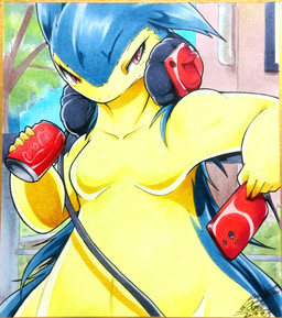 5_fingers anthro beverage_can breasts electronics featureless_breasts female fingers headphones nude outside phone small_breasts solo yellow_body 025aki coca-cola nintendo pokemon generation_2_pokemon pokemon_(species) typhlosion absurd_res hi_res traditional_media_(artwork)