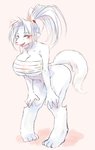 anthro bandage big_breasts bottomless breasts cleavage clothed clothing feet female female_anthro fur hair hands_on_knees hands_on_legs hands_on_own_knees hands_on_own_legs hindpaw holding_both_knees holding_both_legs kemono knock-kneed leaning leaning_forward leaning_on_self open_mouth open_smile paws pink_background ponytail red_eyes simple_background smile solo white_body white_fur white_hair htg canid canine fox mammal hi_res