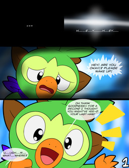 anthro dialogue duo first_person_view kerchief looking_at_viewer looking_down male relieved sky speech_bubble text waking_up tepigfan101 nintendo pokemon pokemon_mystery_dungeon spike_chunsoft calvin_(tepigfan101) generation_8_pokemon grookey pokemon_(species) 2025 absurd_res comic digital_media_(artwork) english_text hi_res