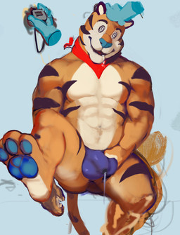 anthro blue_nose blue_pawpads bodily_fluids brainwashing bulge clothed clothing cum cum_in_clothing cum_in_underwear cum_through_clothing cum_through_underwear disembodied_hand drooling duo feet fur genital_fluids hindpaw hypnosis kerchief leaking_cum male mascot mind_control muscular muscular_anthro muscular_male neckerchief neckwear open_mouth open_smile pawpads paws petting red_kerchief red_neckerchief saliva simple_background smile solo_focus spiral spiral_eyes submissive submissive_male underwear wet wet_clothing wet_underwear saudax7 frosted_flakes kellogg's tony_the_tiger felid mammal pantherine tiger 2026 digital_media_(artwork) hi_res