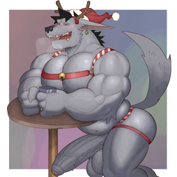 anthro antlers balls bell bell_harness beverage big_balls big_muscles big_pecs big_penis black_hair blush bodily_fluids body_hair christmas_clothing christmas_headwear clothing container cup drooling ears_down foreskin fur genitals grey_body grey_fur hair harness hat headgear headwear holidays horn huge_pecs jingle_bell jingle_bell_harness male musclegut muscular muscular_anthro muscular_male musk open_mouth pecs penis pivoted_ears raised_tail reindeer_antlers saliva santa_hat short_hair simple_background solo sweat tail teeth tongue vein veiny_penis fleshformomo christmas momo_(fleshformomo) hyena mammal 1:1 hi_res