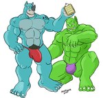 anthro barefoot blue_body blue_skin blush bulge clipboard clothing countershading duo facial_horn feet green_body green_skin horn male muscular muscular_anthro muscular_male nipples nose_horn pink_nipples pubes tattoo thong tusks underwear montezuma_(artist) bruno_rhynox trassk humanoid mammal orc rhinoceros 2010