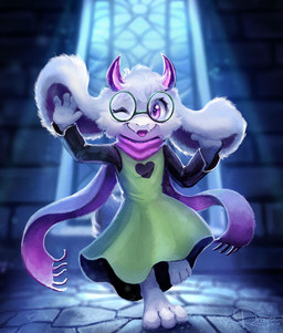 2_horns 3_toes 4_fingers anthro barefoot clothed clothed_anthro clothing eyewear feet fingers floppy_ears fully_clothed fully_clothed_anthro fur glasses green_eyewear green_glasses heart_clothing heart_symbol horn lop_ears male one_eye_closed paws pink_eyes pink_horn pink_scarf scarf solo toes white_body white_fur drayse deltarune undertale_(series) ralsei bovid caprine goat mammal hi_res