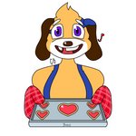 anthro clothing cookie farmer food handwear heart_symbol long_ears male markings oven_mitts overalls plushie purple_eyes smile solo cyberrodrigo boris_(cyberrodrigo) beagle canid canine canis domestic_dog hunting_dog mammal scent_hound 1:1 hi_res