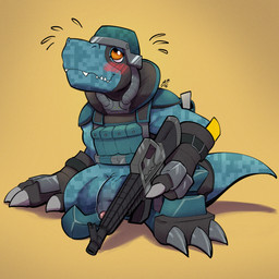 anthro armor balls bashful blush claws digital_camo embarrassed flaccid foreskin genitals gun headgear helmet humanoid_genitalia humanoid_penis male military penis ranged_weapon smile soldier solo warrior weapon yellow_eyes yellowluster bandai_namco digimon commandramon digimon_(species) scalie 1:1 hi_res