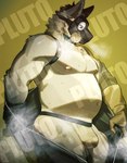 anthro areola belly bulge clothing collar fur gas_mask grey_body grey_fur hair jockstrap male mask navel nipples overweight overweight_anthro overweight_male solo tail underwear pu94_d1de4c arknights hypergryph studio_montagne spot_(arknights) hyena mammal spotted_hyena 2024 distracting_watermark hi_res watermark