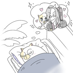 anthro bedding blanket blush canon_couple clothing dream duo eyebrow_piercing eyelashes eyes_closed eyewear facial_piercing female glasses grey_clothing grey_eyes grey_hair grey_hoodie grey_topwear hair heart_symbol hoodie interspecies light_blush long_eyelashes male mouth_closed one_eye_closed open_mouth piercing pillow size_difference smile sparkles thought_bubble topwear white_thought_bubble wink winking_at_another winking_at_partner faartistic adventure_time cartoon_network fionna_and_cake fionna_and_cake_(franchise) hot_yaoi_base cake_the_cat lord_monochromicorn domestic_cat felid feline felis human mammal digital_drawing_(artwork) digital_media_(artwork) english_description hi_res partially_colored