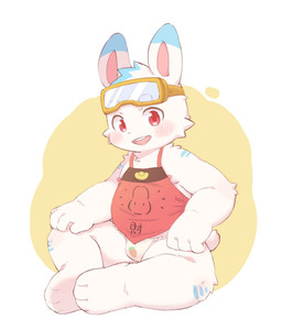anthro apron blush bottomless bottomwear clothed clothing eyewear eyewear_on_head fur goggles goggles_on_head loincloth looking_at_viewer male nipples red_eyes simple_background sitting skimpy slightly_chubby smile solo white_body white_fur young young_anthro young_male lang_yus lagomorph leporid mammal rabbit colored hi_res